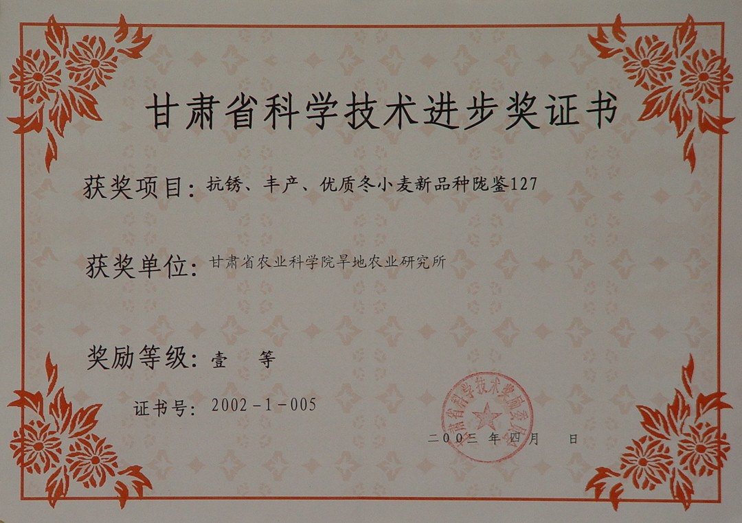 2002年省科技进步一等奖-抗锈、丰产、优质冬小麦新品种陇鉴127