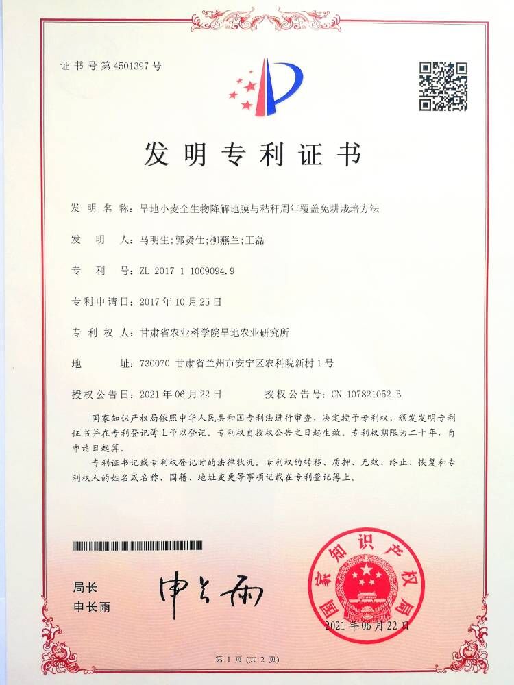 旱地小麦全生物降解地膜与秸秆周年覆盖免耕栽培方法
